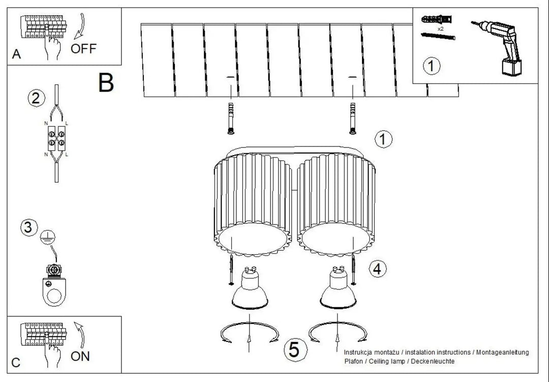 Luminaire plafonnier aura 2 ultramarine avec deux abat-jours cylindriques nervurés en forme unique inspirée