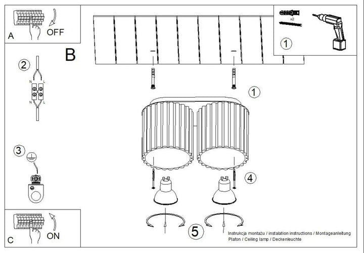 Luminaire plafonnier aura 2 ultramarine avec deux abat-jours cylindriques nervurés en forme unique inspirée