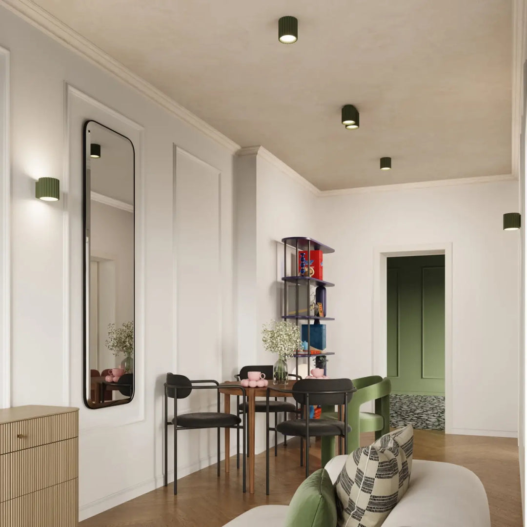Miroir rectangulaire long luminaire plafonnier aura 2 vert olive avec cadre noir forme unique inspirée