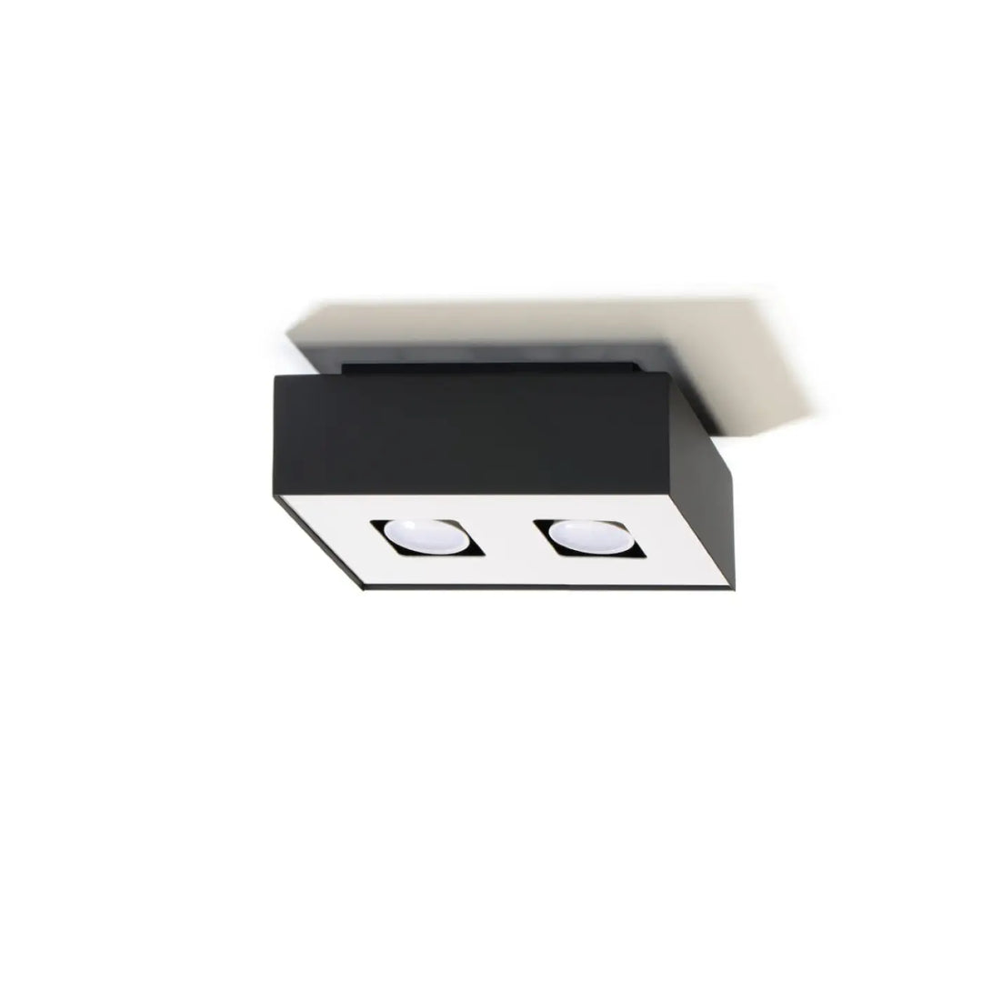 Plafonnier moderne mono noir carré avec deux sources lumineuses led circulaires encastrées spot allongé
