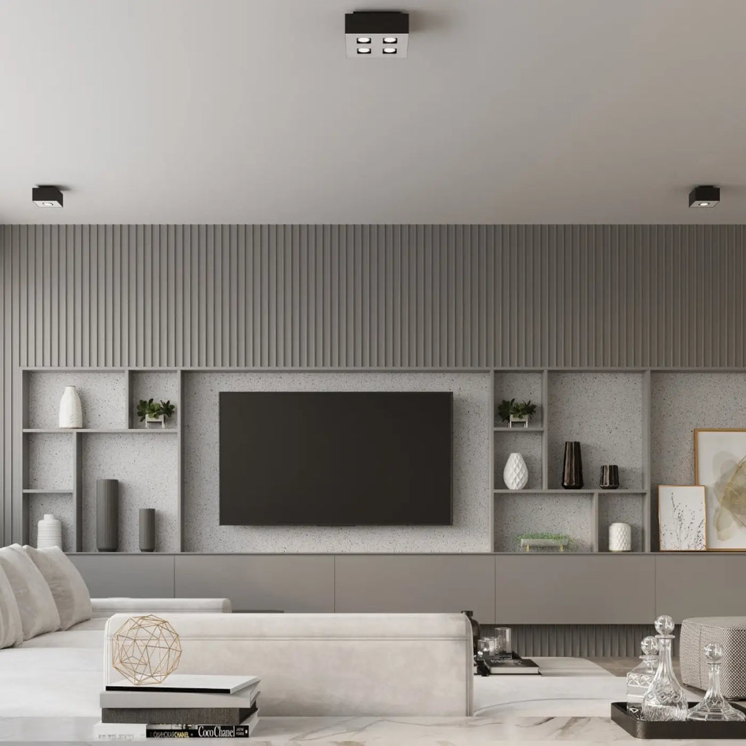 Plafonnier moderne mono 2 noir avec quatre sources lumineuses spot allongé intégrées dans un design carré