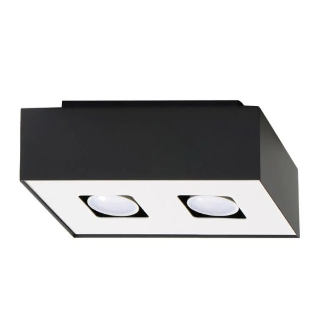 Plafonnier moderne mono noir avec deux sources lumineuses led circulaires et spot allongé design rectangulaire
