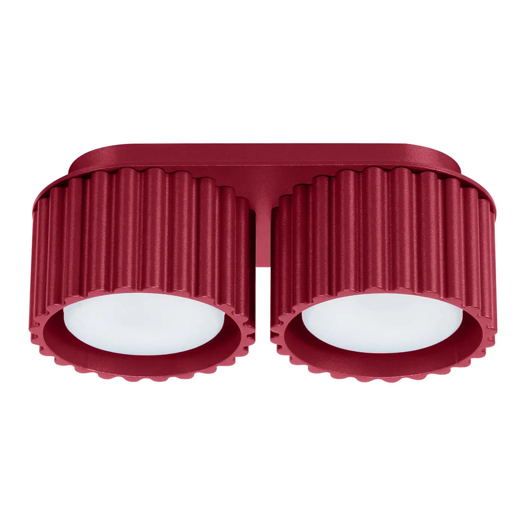 Plafonnier aura 2 bordeaux avec forme unique inspirée en métal cannelé rouge et ampoules led blanches circulaires