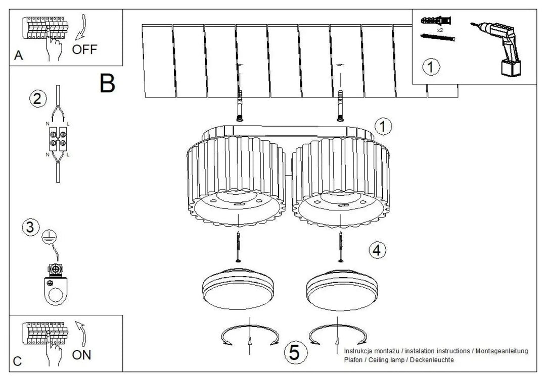 Diagram dinstallation pour plafonnier aura 2 rouge ochra avec deux luminaires circulaires forme unique inspirée