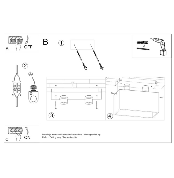 Schéma d’installation d’un plafonnier quad maxi gris avec supports de montage, vis et connexions pour bois naturel