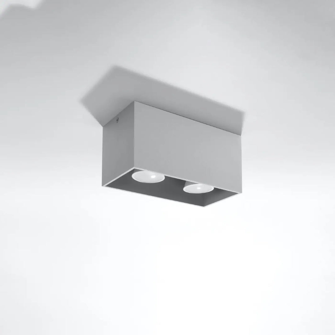 Luminaire plafonnier quad gris avec deux ampoules led circulaires dans un boîtier métal mat pour plafond quad maxi bois naturel
