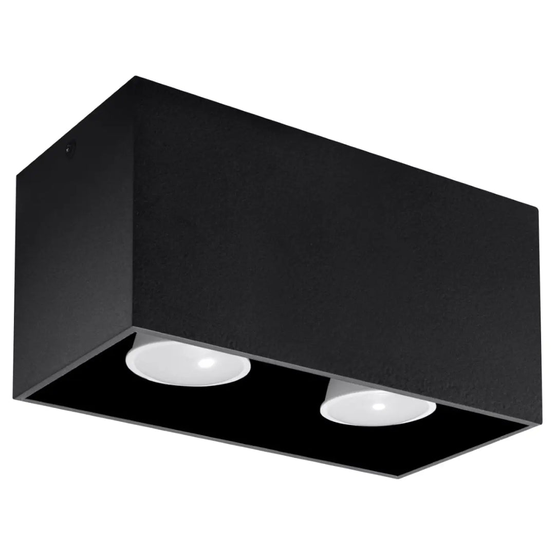 Luminaire plafonnier quad maxi noir avec deux ampoules led circulaires blanc et finition bois naturel moderne
