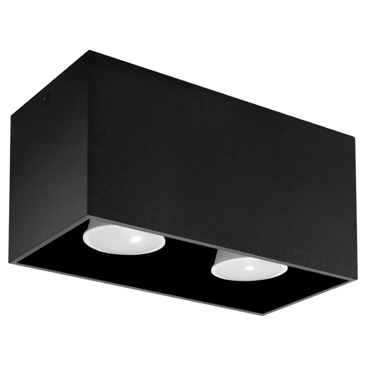 Luminaire plafonnier quad maxi noir avec deux ampoules led circulaires blanc et finition bois naturel moderne