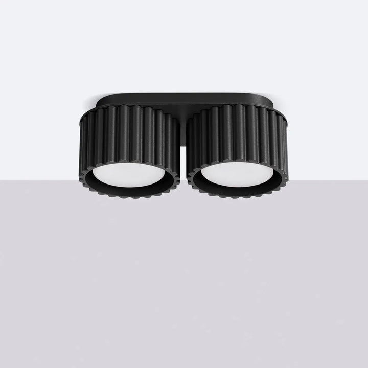 Luminaire plafonnier aura 2 noir avec forme unique inspirée, boîtier métal mat cannelé et diffuseurs verre dépoli