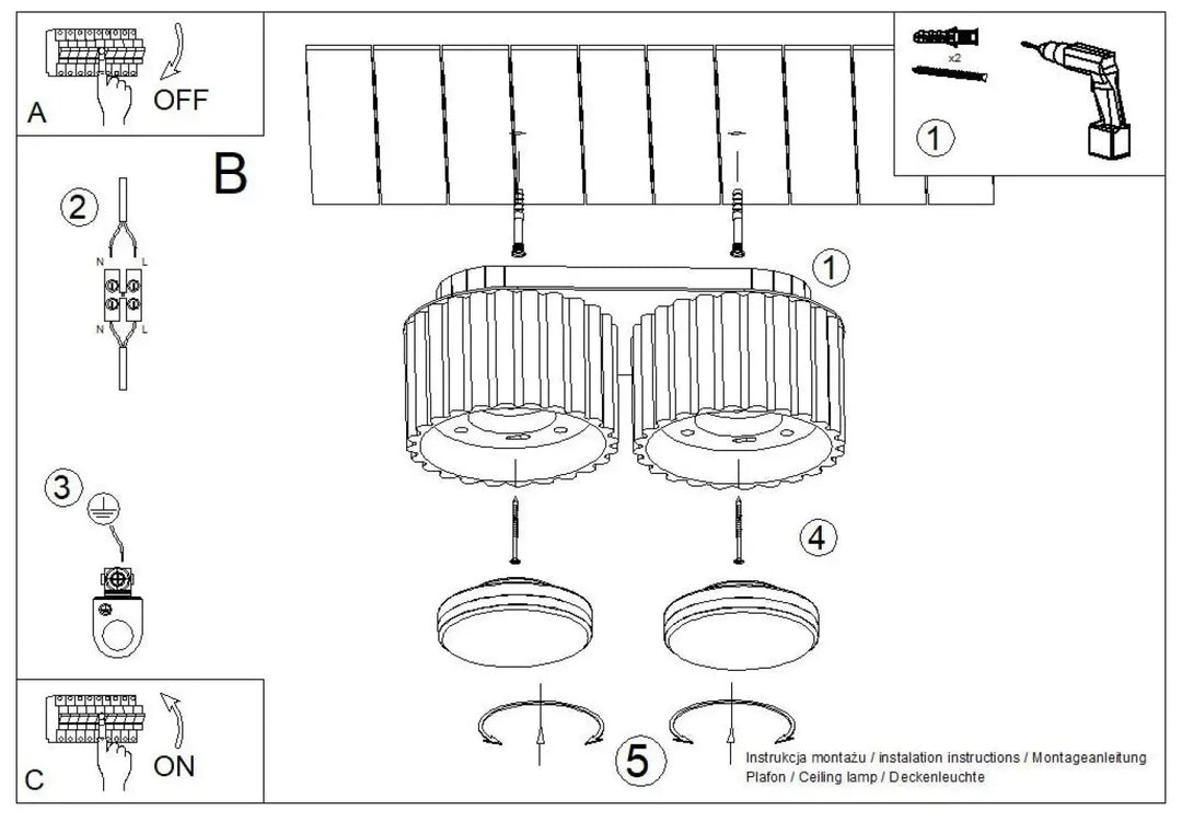 Schéma dinstallation du luminaire plafonnier aura 2 outremer avec deux têtes cylindriques en verre dépoli forme unique inspirée