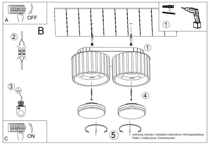 Schéma dinstallation du luminaire plafonnier aura 2 outremer avec deux têtes cylindriques en verre dépoli forme unique inspirée