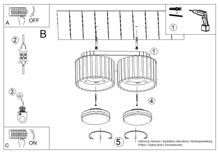 Diagram dinstallation du luminaire plafonnier aura 2 taupe avec deux têtes circulaires à forme unique inspirée et fixation plafond