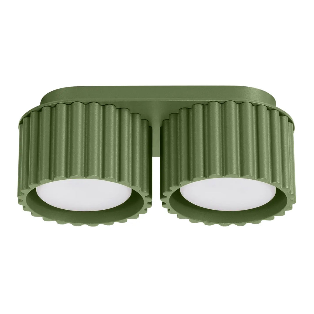 Luminaire plafonnier aura 2 vert olive avec forme unique inspirée, boîtier cannelé en forme dengrenage et diffuseurs en verre dépoli