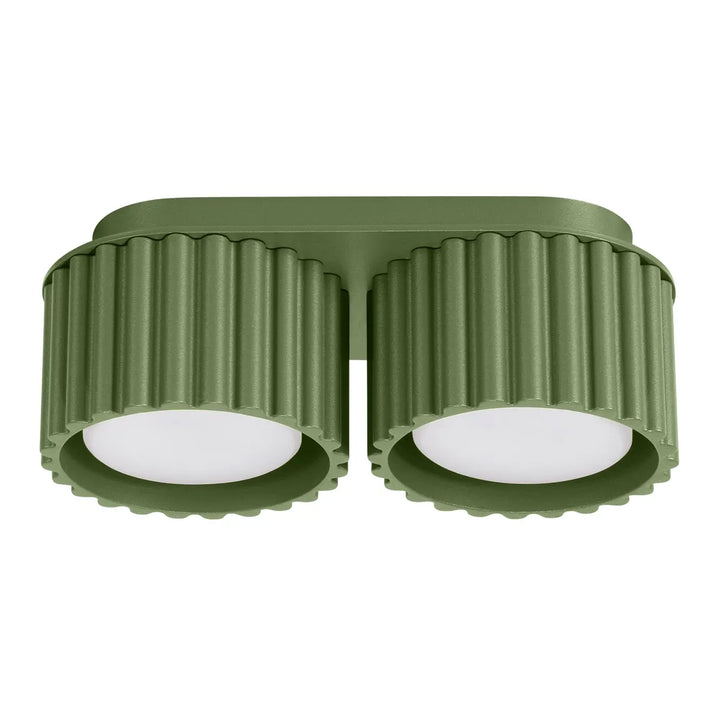 Luminaire plafonnier aura 2 vert olive avec forme unique inspirée, boîtier cannelé en forme dengrenage et diffuseurs en verre dépoli