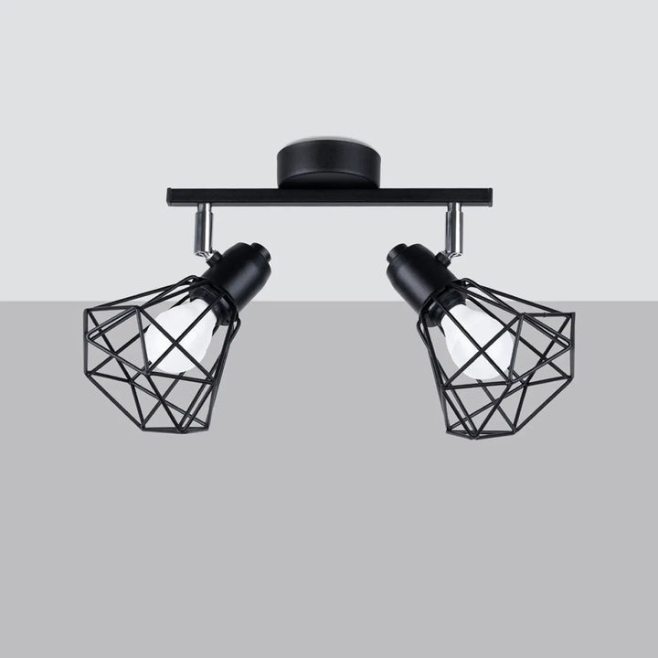 Luminaire plafonnier série artemis noir avec deux cages géométriques en fil métallique, appliques créeront une atmosphère intime