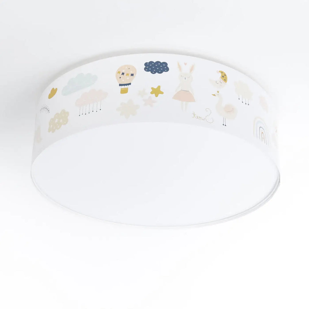 Luminaire plafonnier enfant blanc avec design illustré doux en pastel animaux et éléments féériques comme nuages étoiles