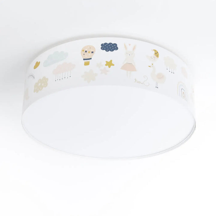 Luminaire plafonnier enfant blanc avec design illustré doux en pastel animaux et éléments féériques comme nuages étoiles