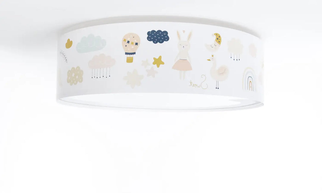 Luminaire plafonnier enfant blanc avec design ludique en pastel d animaux nuages étoiles et arcs en ciel