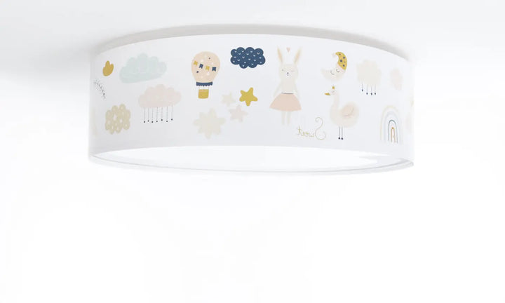 Luminaire plafonnier enfant blanc avec design ludique en pastel d animaux nuages étoiles et arcs en ciel