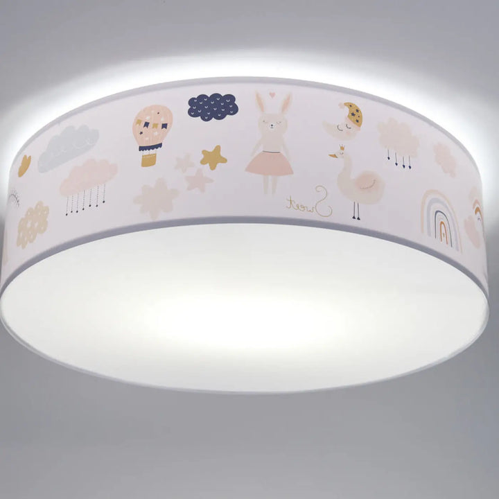 Luminaire plafonnier enfant blanc avec abat-jour doux illustré danimaux pastel nuages et étoiles rose or bleu marine