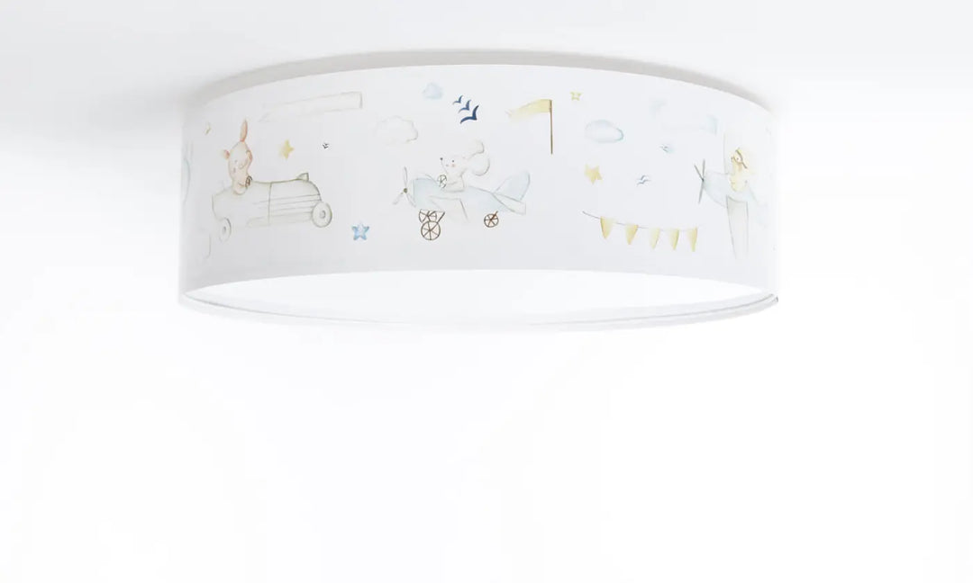 Luminaire plafonnier blanc cylindrique avec illustrations pastel d animaux et jouets pour plafonnier enfant blanc
