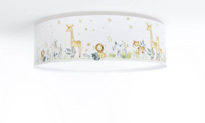 Luminaire plafonnier enfant blanc avec illustration aquarelle d animaux de safari pour chambre enfant