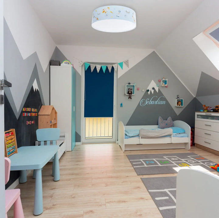 Luminaire plafonnier sweet dreams avec abat-jour blanc et illustrations colorées pour plafonnier enfant bleu