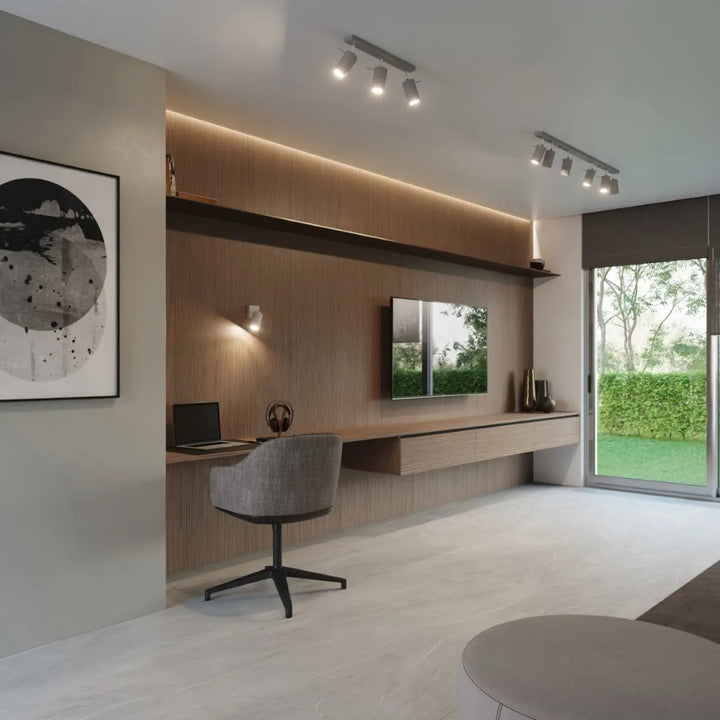 Luminaire plafonnier ring 4 gris avec ambiance intérieure en demi-obscurité chaleureuse et bras réglables moderne