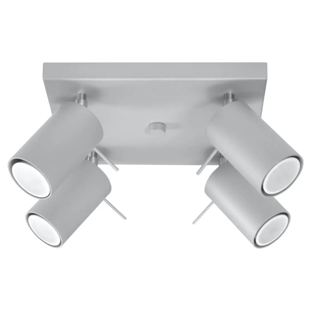 Luminaire plafonnier ring 4 gris avec quatre bras réglables en métal argenté créant une ambiance intérieure chaleureuse