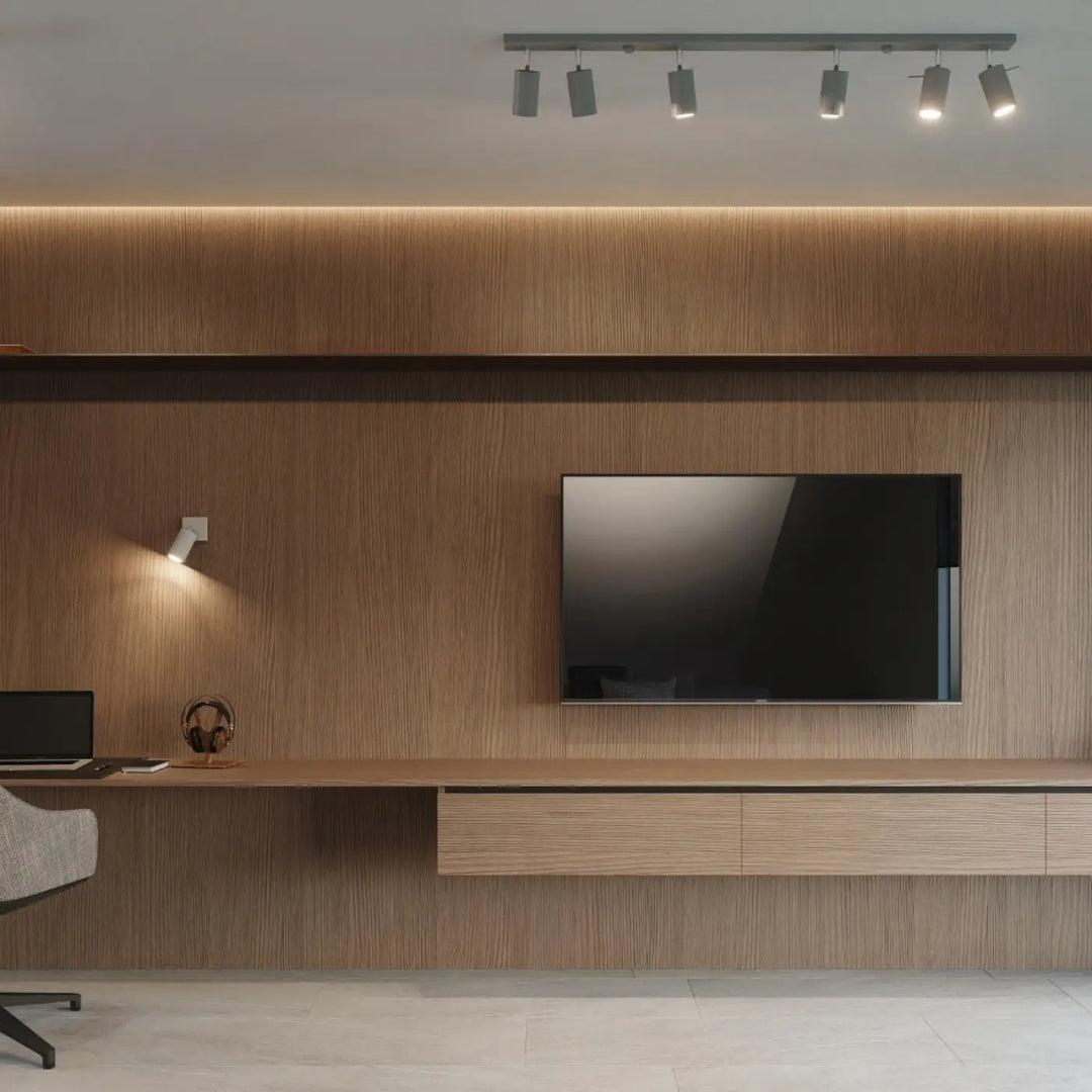 Luminaire plafonnier ring 4 gris avec télévision écran plat fixé sur mur en bois créant une ambiance intérieure demi-obscurité chaleureuse