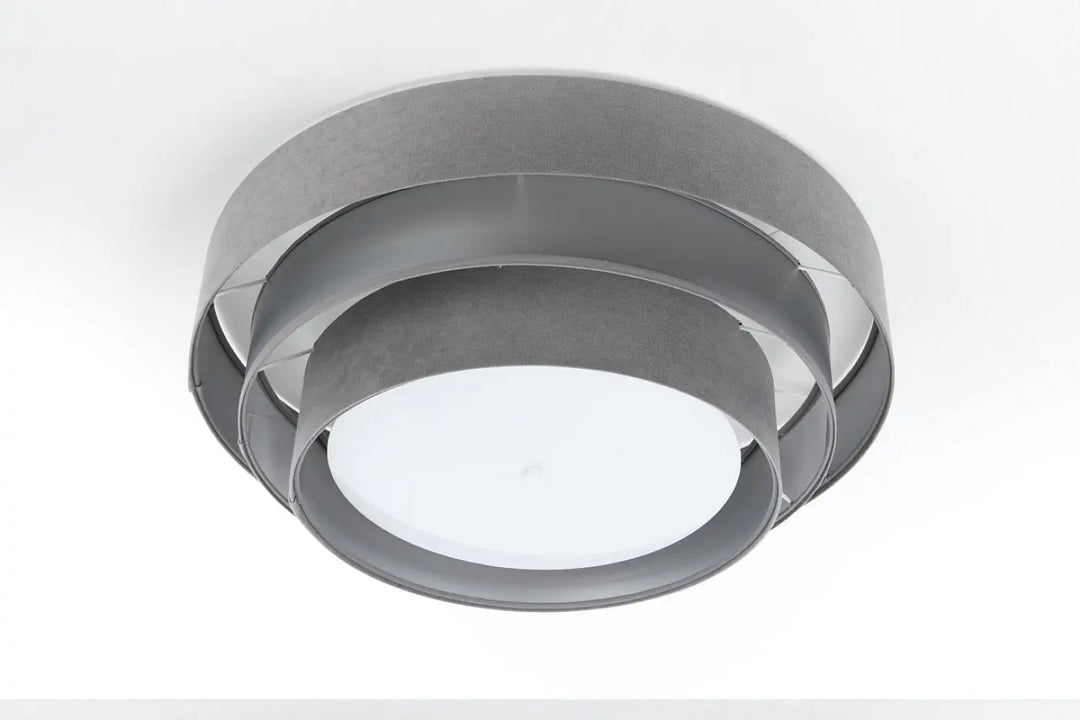 Luminaire plafonnier gris en métal moderne avec anneaux circulaires concentriques et centre en verre dépoli