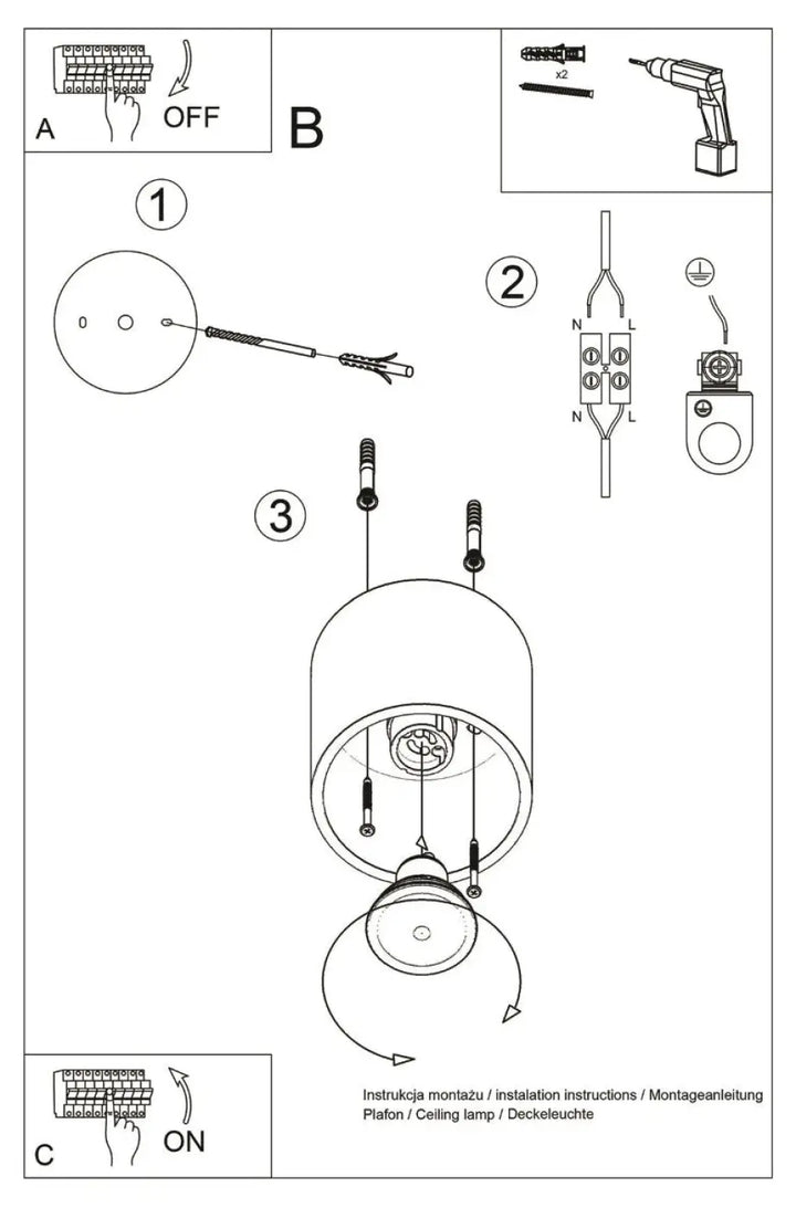 Plafonnier orbis 1 gris avec abat-jour cylindrique et câblage interne visible dans schéma technique