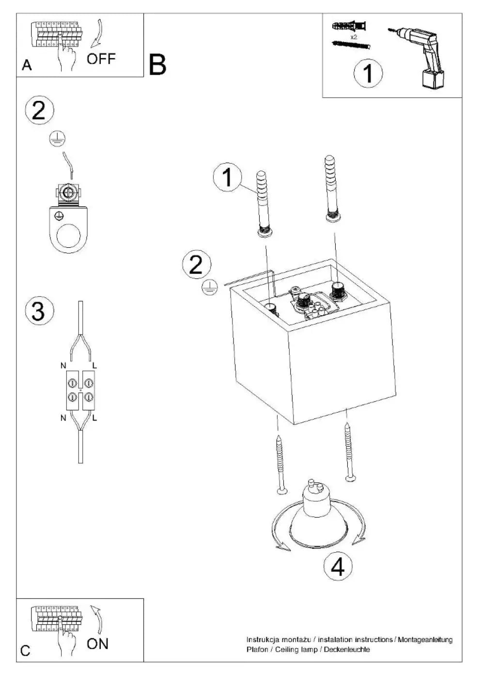 Plafonnier quad gris avec trois bornes à vis et support de montage central pour montées individuellement magnifique décoration