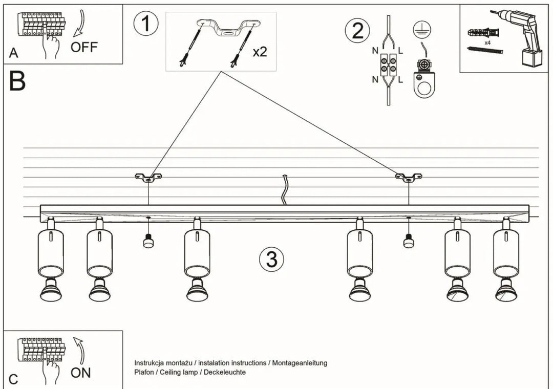 Diagramme d installation d un plafonnier suspendu ring 6l gris avec bras réglables pour une atmosphère intérieure élégante