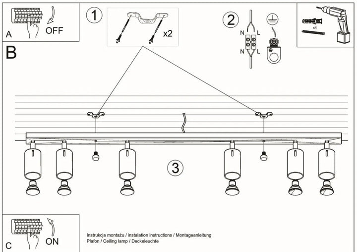 Diagramme d installation d un plafonnier suspendu ring 6l gris avec bras réglables pour une atmosphère intérieure élégante