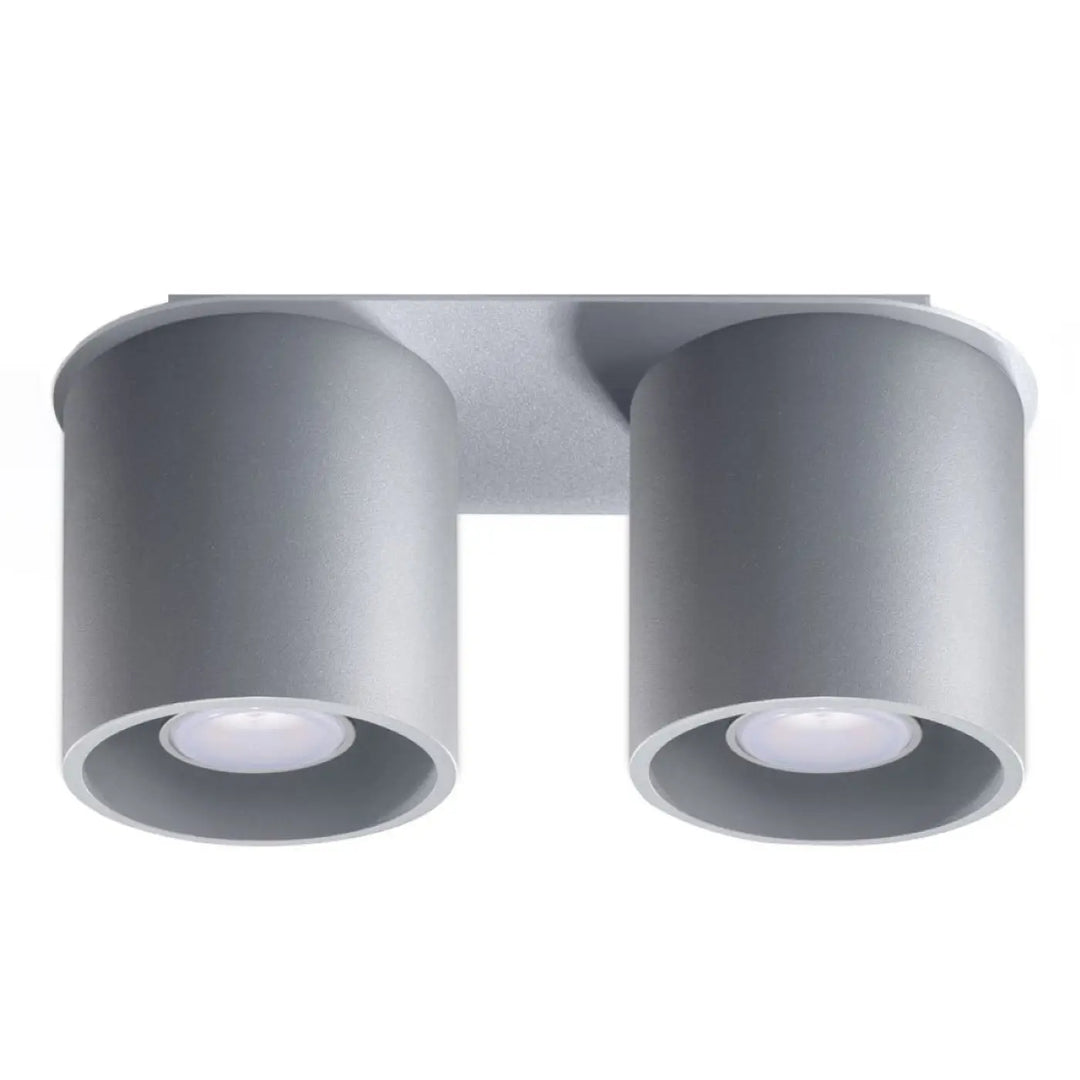 Plafonnier orbis 2 gris avec double tête led et abat-jours cylindriques modernes en bois naturel minimaliste