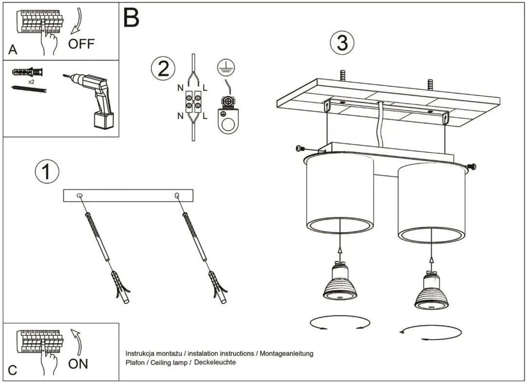 Plafonnier orbis 2 gris avec deux abat-jours cylindriques monté au plafond en bois naturel