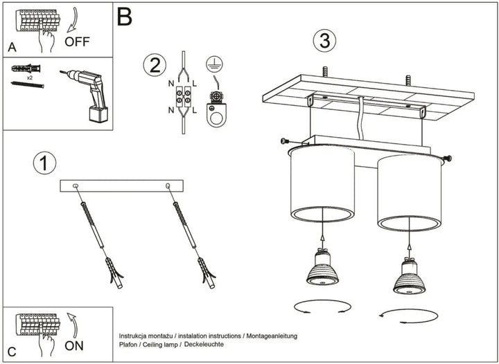 Plafonnier orbis 2 gris avec deux abat-jours cylindriques monté au plafond en bois naturel