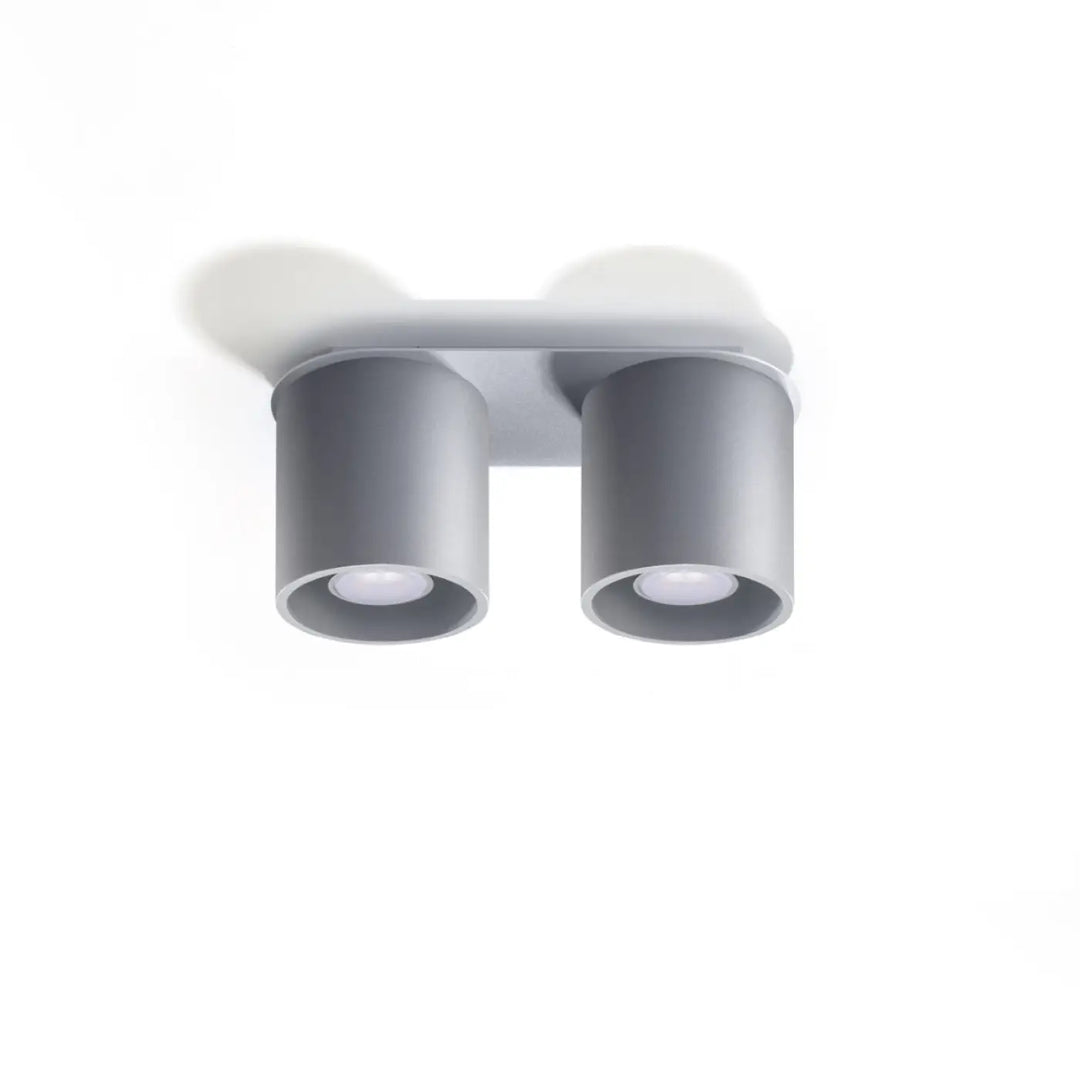Plafonnier orbis gris moderne à deux têtes avec ampoules cylindriques et design minimaliste en bois naturel