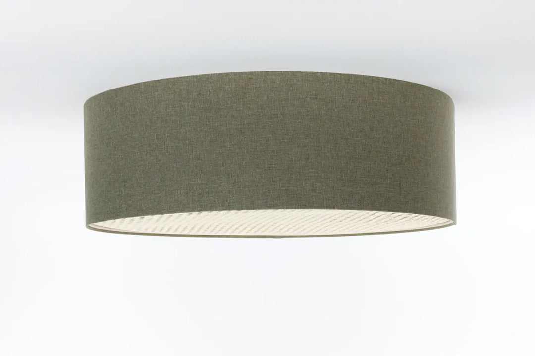 Luminaire plafonnier boho elegant gris vert avec abat-jour cylindrique en tissu olive et doublure intérieure douce éclairée