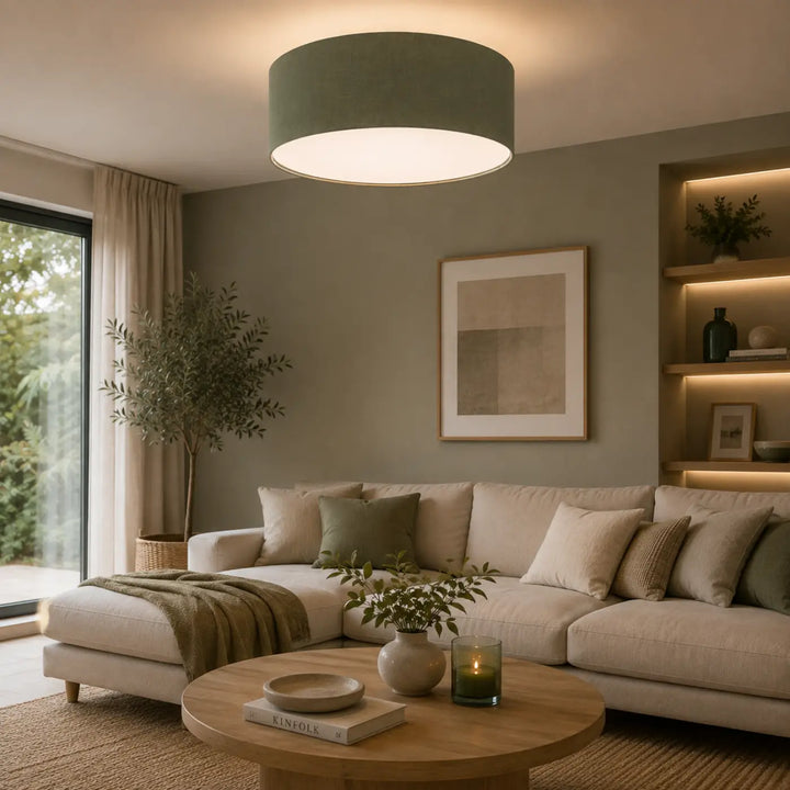 Luminaire plafonnier boho elegant gris vert with an olive-green cylindrical drum and soft diffused glow