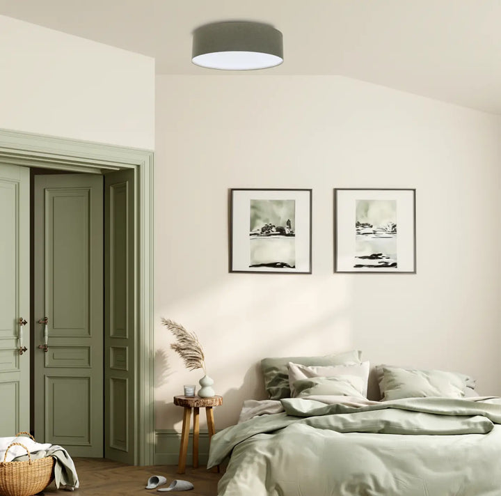 Luminaire plafonnier boho elegant avec finition vert gris et design cylindrique en métal gris pour éclairage intérieur