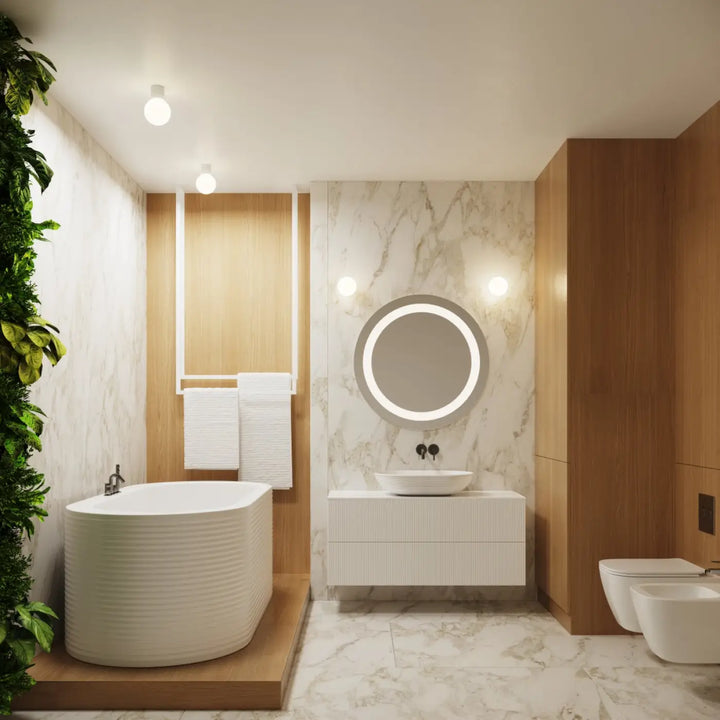 Modern baignoire autoportante blanche avec texture nervurée verticale et bords arrondis pour salle de bain élégante lampe halo sphère laiteuse bureau décorative