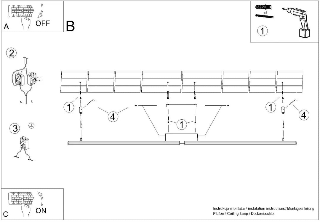 Diagramme d’installation de luminaire plafonnier lagom 3000k blanc montrant montage et câblage avec design minimaliste et excellente qualité