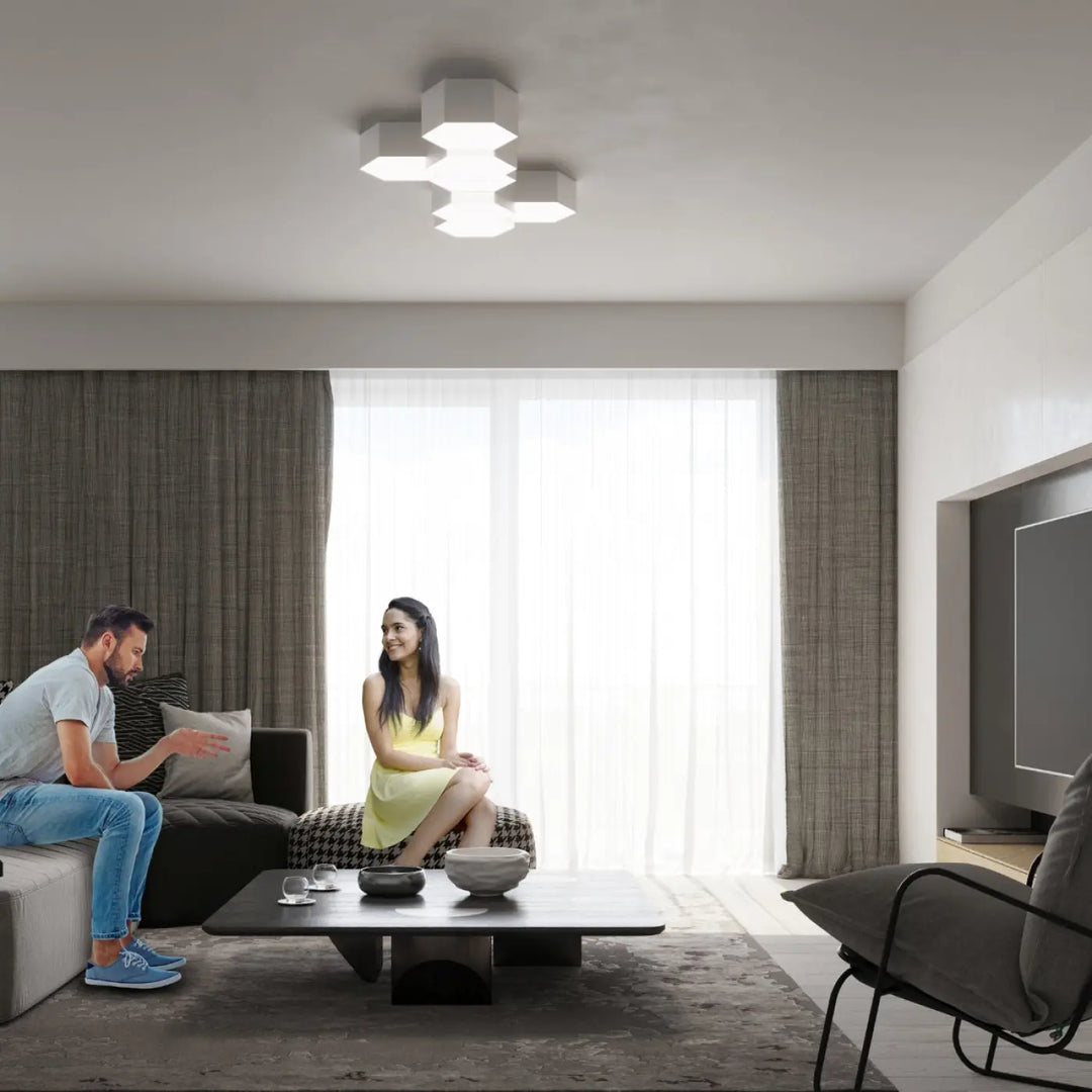 Luminaire plafonnier sunde 15 blanc avec formes géométriques hexagonales modernes en blanc pour éclairage intérieur