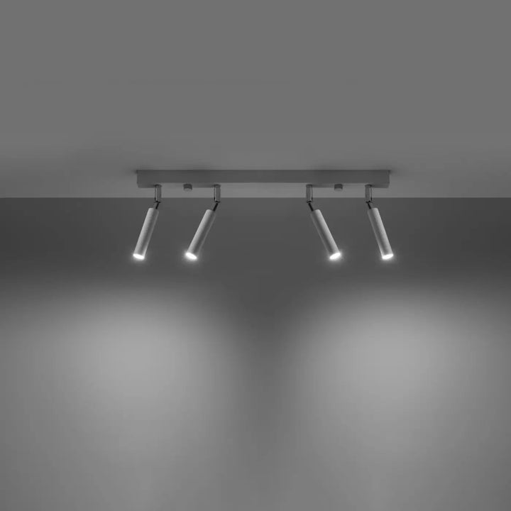Plafonnier moderne eyetech 4 blanc avec quatre spots cylindriques réglables en métal argenté style industriel d’ambiance loft