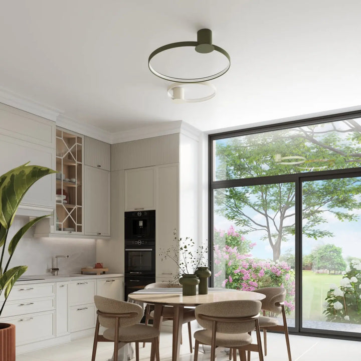 Luminaire plafonnier collection rio design moderne avec anneaux circulaires concentriques vert olive mat et blanc