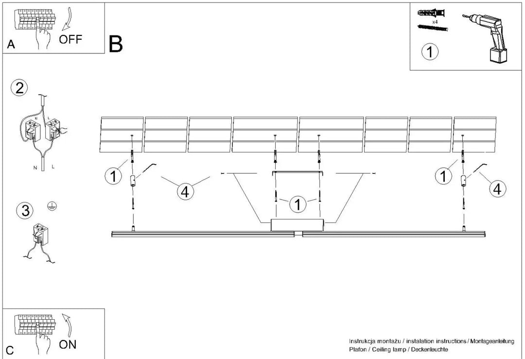 Le diagramme montre linstallation dun luminaire plafonnier lagom 3000k noir avec supports de montage et connexions pour plafonniers linéaires à lumière chaude