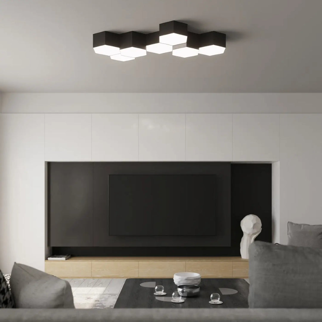 Luminaire plafonnier sunde 13 noir avec panneaux lumineux et formes géométriques hexagonales modernes