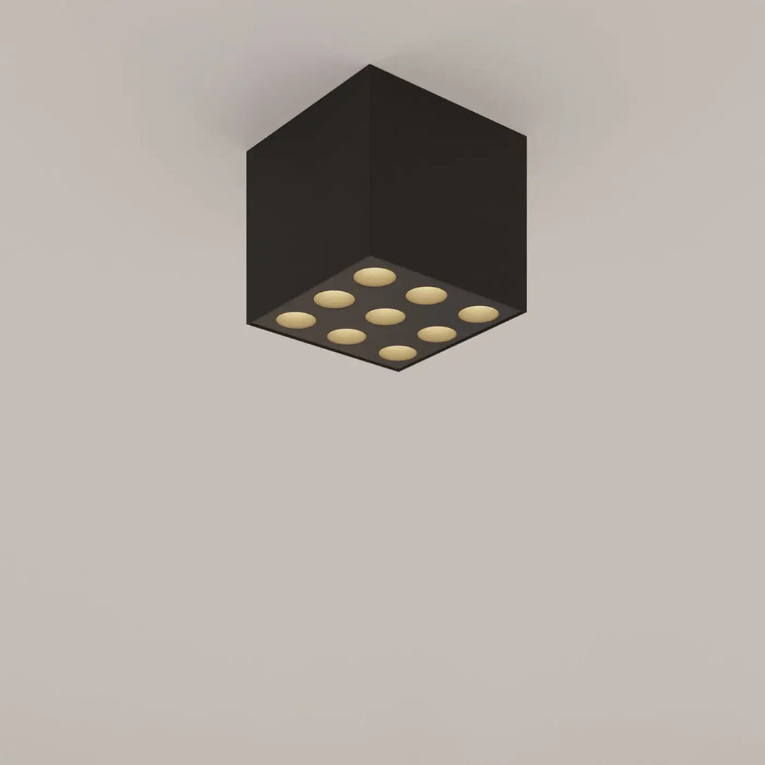 Plafonnier ozzy led noir avec neuf leds circulaires chaudes en grille combinaison parfaite design moderne
